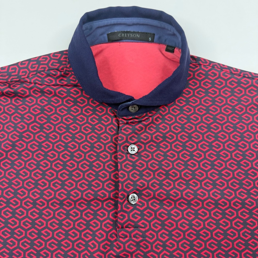 Greyson Polo Shirt Mens Small Red Navy Geometric Logo Performance Golf Top